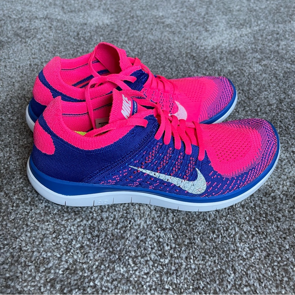 RARE Nike Free 4.0 Flyknit Sz 8.5 In Pink Flash/White-Game Royal - Picture 2 of 12